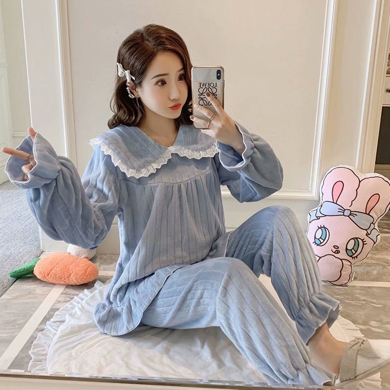 Pijamas de lana de coral con cuello de muñeca dulce francés para mujer más terciopelo engrosado ropa de hogar de franela de invierno traje de gran tamaño invierno