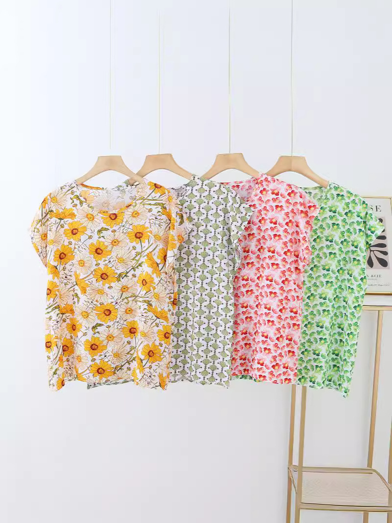 Summer cotton silk printed top women's thin loose slimming short sleeve artificial cotton outer wear round neck T-shirt