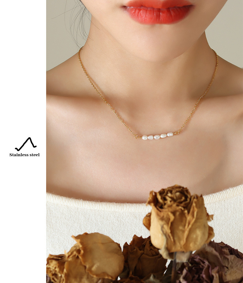 Daily Occasion 304 Stainless Steel, Freshwater Pearl Material Solid Color Pattern Wholesale Jewelry Elegant Solid Color 304 Stainless Steel Freshwater Pearl 18K Gold Plated PVD Coated Beaded Plating Cable Chain Necklace