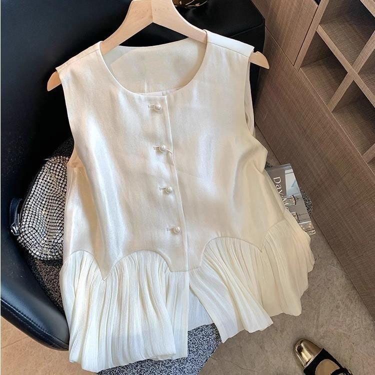 Ruffled Edge Patchwork Pearlescent Satin Sleeveless Top for Women 2025 Summer New French Style Gentle and Youthful Vest