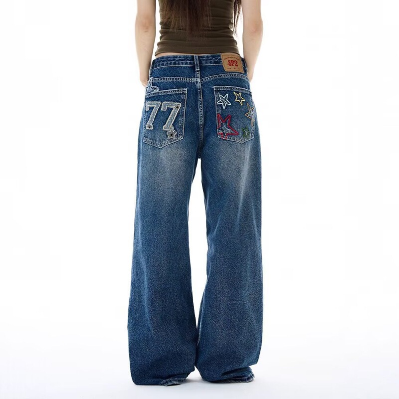 American retro embroidered wide-leg jeans for women, high street design, loose fit, versatile, slimming, straight-leg, floor-length, trendy American retro embroidered wide-leg jeans for women, high street design, loose fit, versatile, slimming, straight-leg, floor-length, trendy
