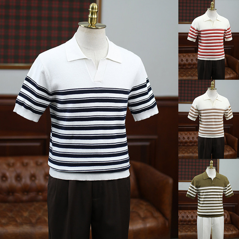 Polo camiseta de punto camiseta de manga corta hombre V-collar gaviota rayas viejas camiseta de hielo de viento de verano fábrica transfronteriza al por mayor