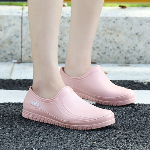 Women's Short Rain Boots Low-Top with Fleece Lining, Slip-On Waterproof Soft Sole Rain Shoes, Kitchen Non-Slip Flat Rubber Shoes