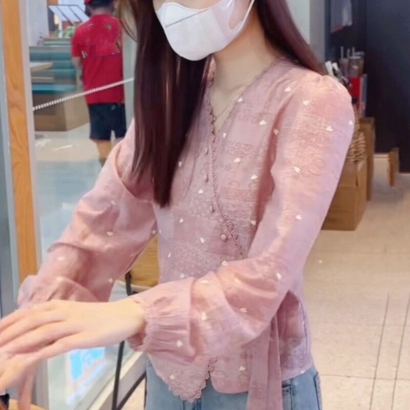 Pink Heart-Print Lace-Trimmed Shirt 2026 Early Autumn New Style High-End Tie-Waist Long-Sleeve Top Trendy