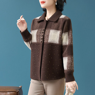 New Mother's Women's Lar Knitted Cardigan Jacket Middle-aged and Elderly Women's Spring and Autumn Short Western Style Sweater Top