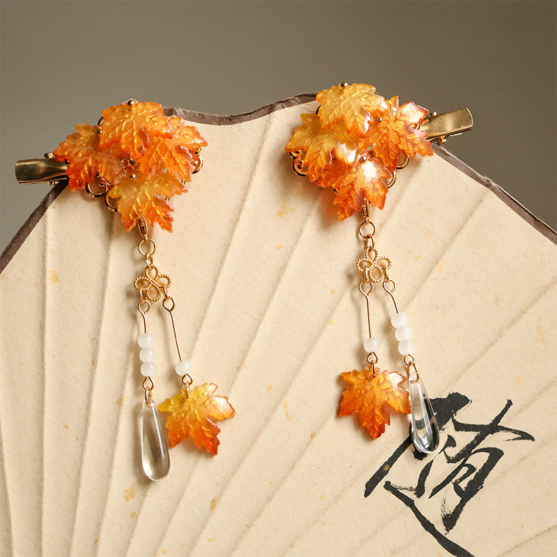 New Style Glazed Maple Leaf Water Drop Tassel Hairpin Ancient Han Dynasty Daily New Chinoiserie National Style Clothing Accessories Pair Clip