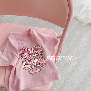 Pure Cotton Kidsren's Short-Sleeved T-Shirts Summer 2025 Fashionable Trendy Brand Labubu Cute Tops for Boys and Girls