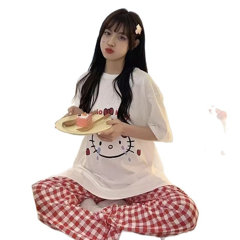 Pijamas de mujer verano KT set de gato primavera y otoño verano se puede usar pantalones de pijamas de manga corta pantalones de cuadrícula sueltos ropa casera casual