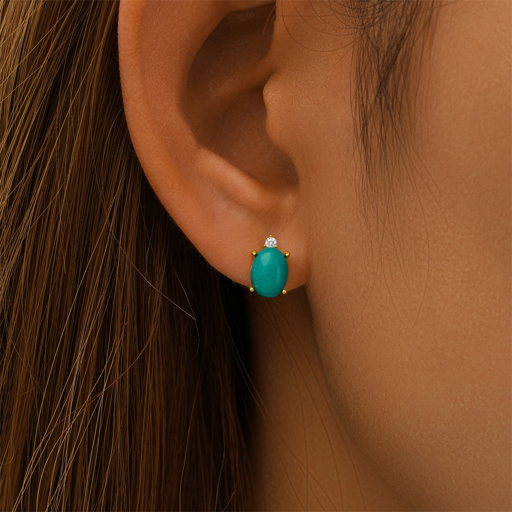 1 Pair Simple Style Round Oval Plating Inlay Sterling Silver Turquoise Ear Studs display picture 14