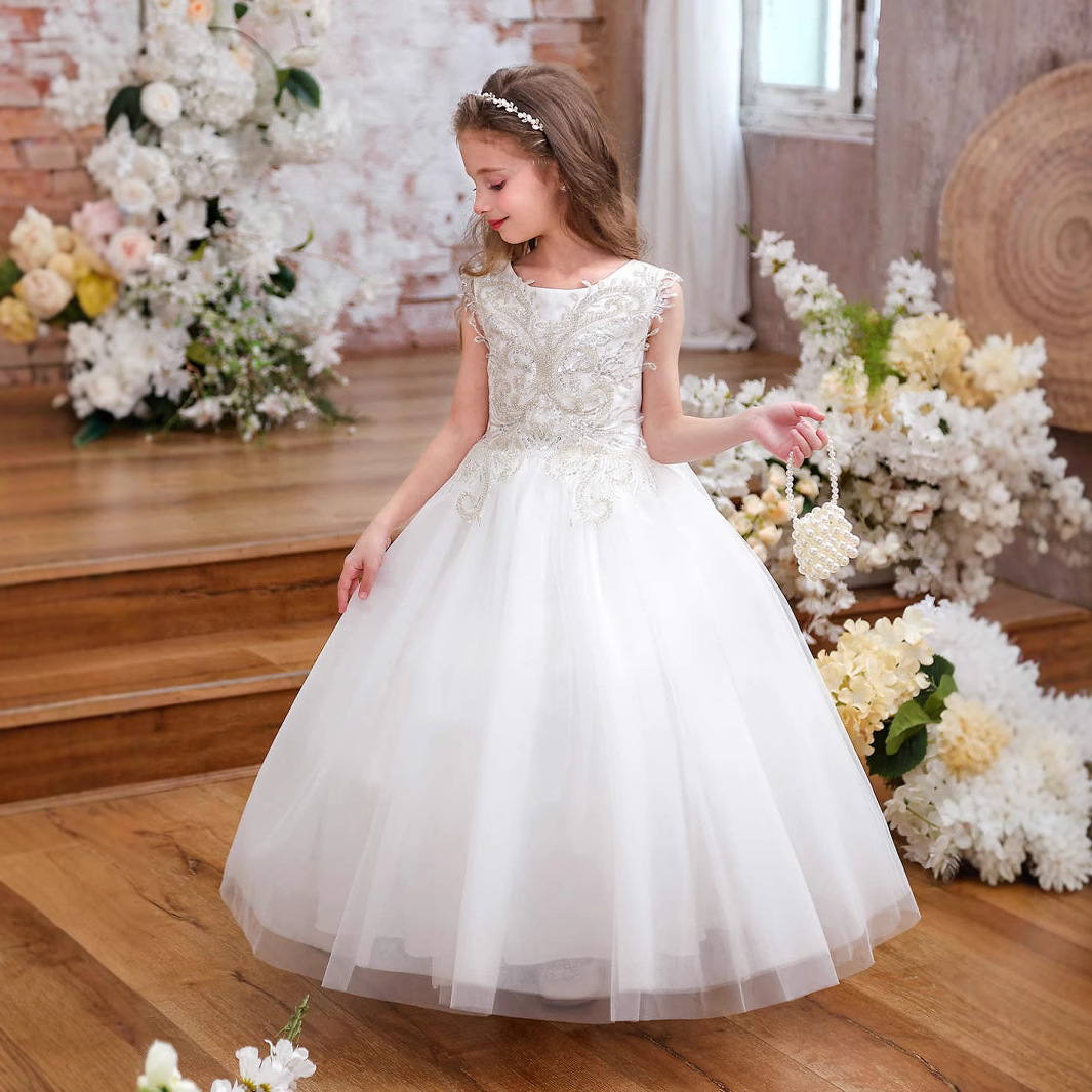 Vestido de tule champanhe sem mangas para meninas, com cinto de renda e strass, ideal para casamentos infantis (3 a 8 anos) 【Pré-venda | Envio em 15 dias】_voghion.com