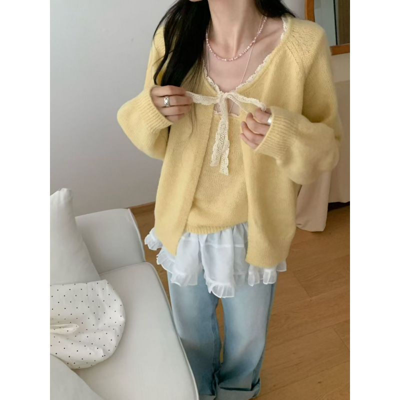 韩系两件套清新甜美温柔减龄蕾丝花边领针织吊带背心毛衣开衫套装|undefined