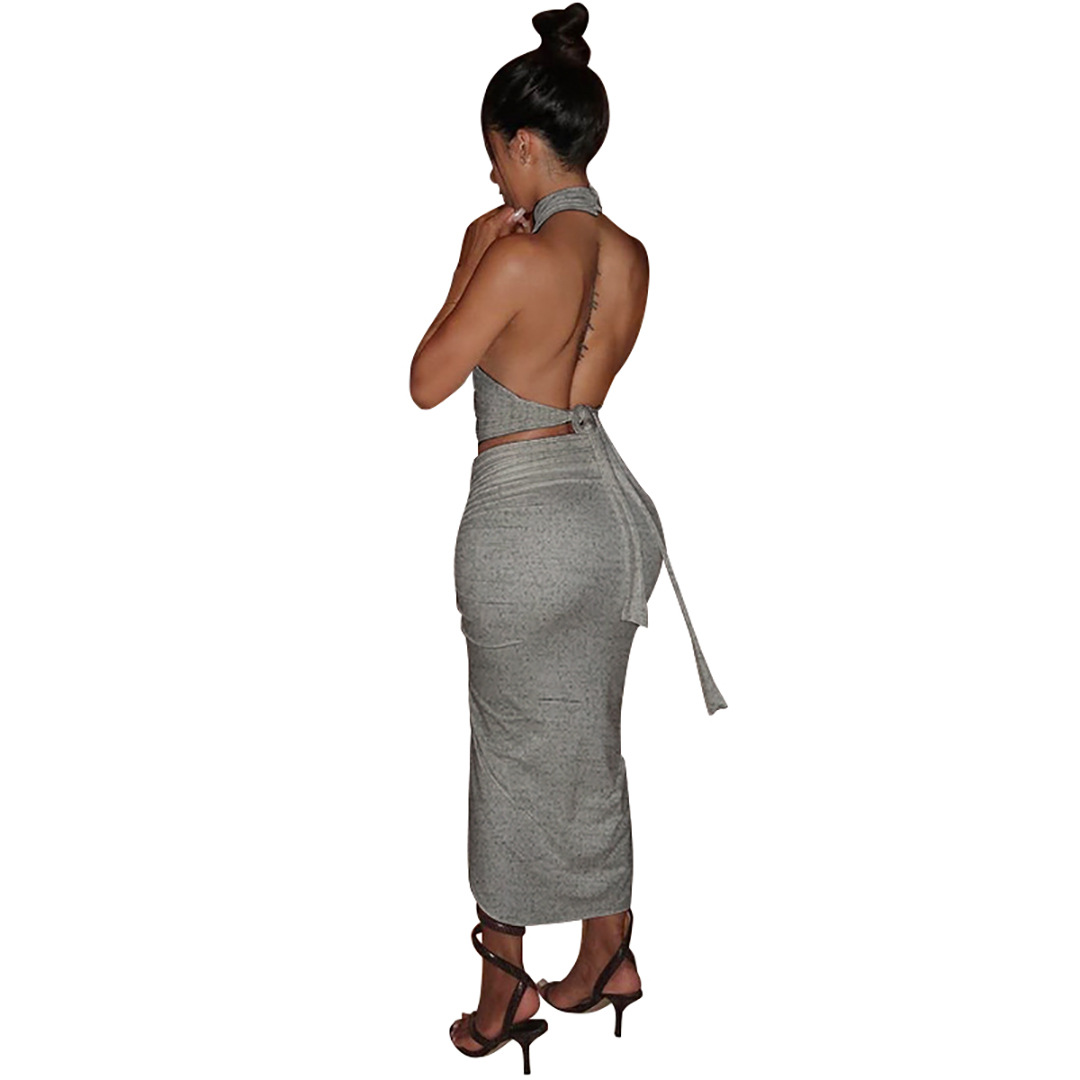 Summer Women Clothing Solid Color round Neck Cropped Backless Top Drawstring Mid Length Dress Set