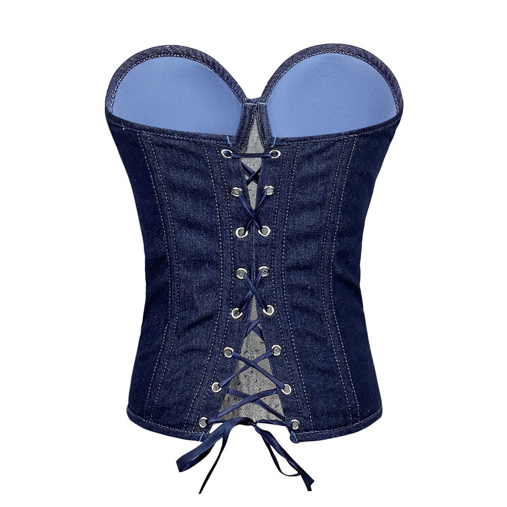 European and American Diamond Beaded Denim Cotton Vest Lace-up Shaping Slim-fit Performance Clothing Retro Zipper Shaping Top