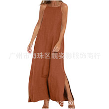 WISH 速卖通 2025夏季新款欧美外贸时尚优雅长款吊带棉麻连衣裙