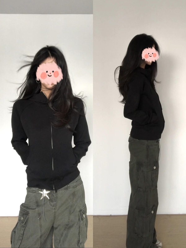 黑色修身外套女春秋季穿搭正肩卫衣紧身收腰连帽上衣短款韩系|undefined