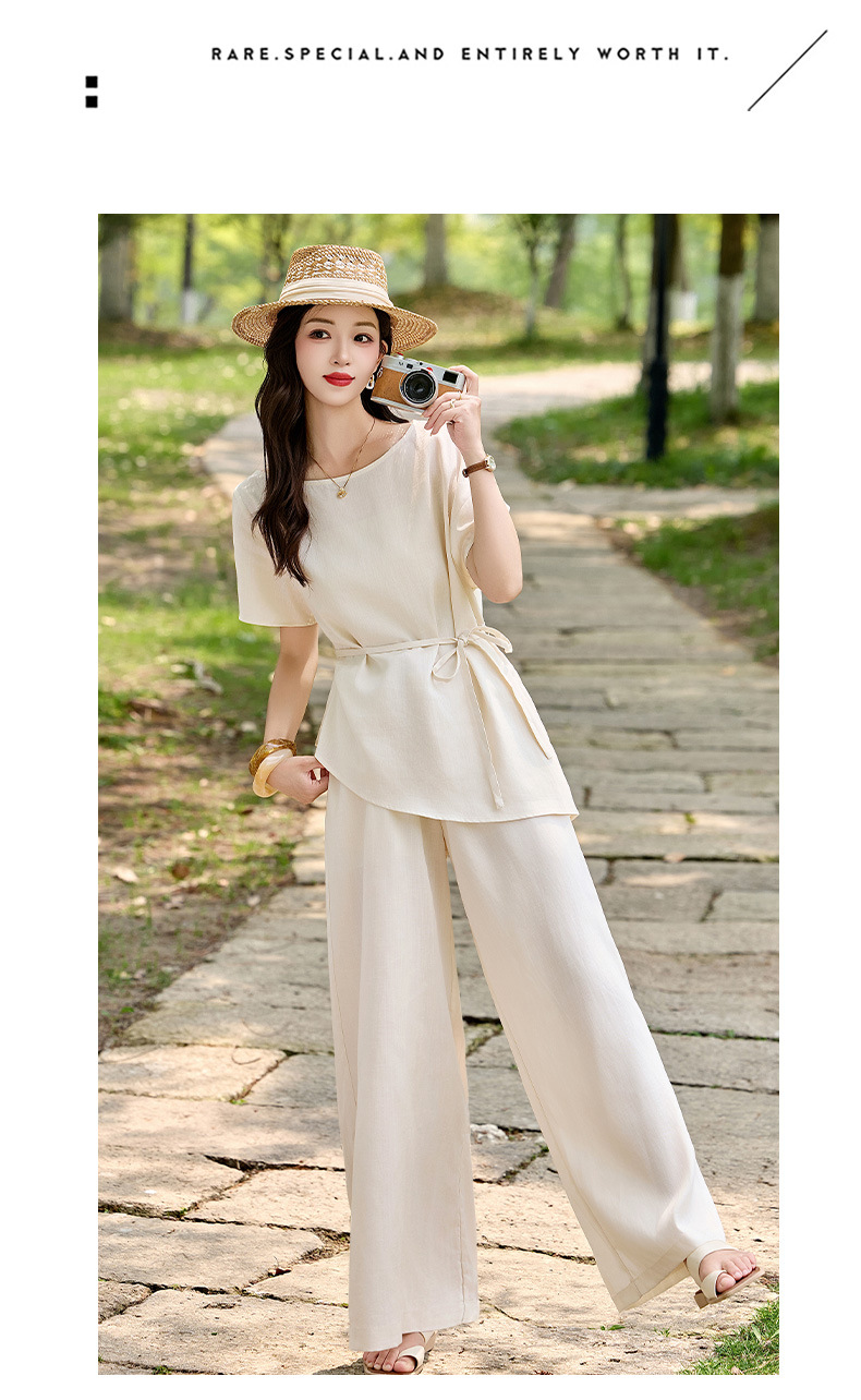 Bộ đầm suông nữ midi tay ngắn cổ tròn thắt eo — màu trắng ngà chi tiết 11