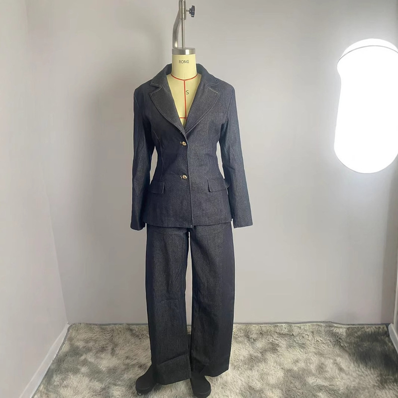 2025 Spring/Summer European and American Cross-Border Women's Wholesale Simple Waist-Cinching Denim Blazer and Casual Pants Set