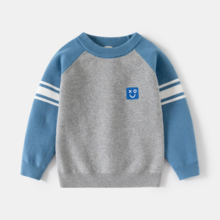 Boys' Single-Layer Fine Cotton Knitwear with Smiley Face Embroider Autumn and Winter New Kidsren's Clothing Kidsren's Raglan Sleeve Bottoming Knitwear