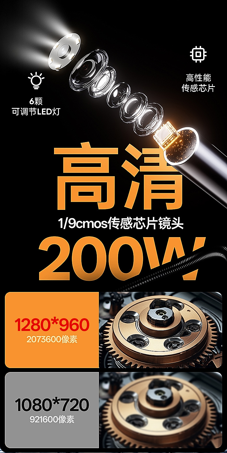 Handheld Industrial Endoscope Probe Automotive Pipeline HD Detection Tool 360° Rotating Camera Inspection Borescope