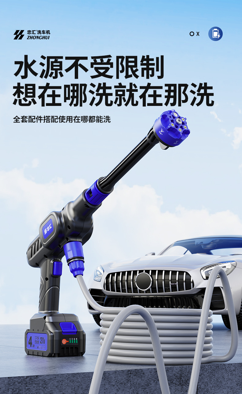 Carefully Selected Cross-Border High-Pressure Water Gun Wireless Car Wash Machine, Cross-Border Car Wash Water Gun, High-Power Lithium Battery Dedicated for Cars