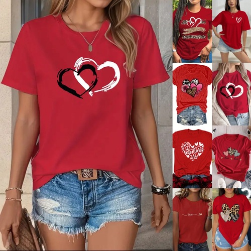 TEMU Free Shipping Women's Short Sleeve Western Valentine's Day Heart Crew Neck Top