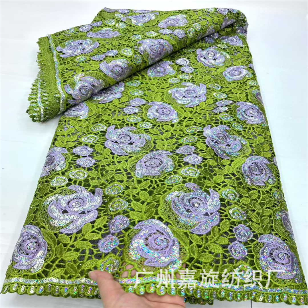Tela de encaje africana con bordado láser de rosas huecas soluble en agua, en stock, para vestidos de moda.