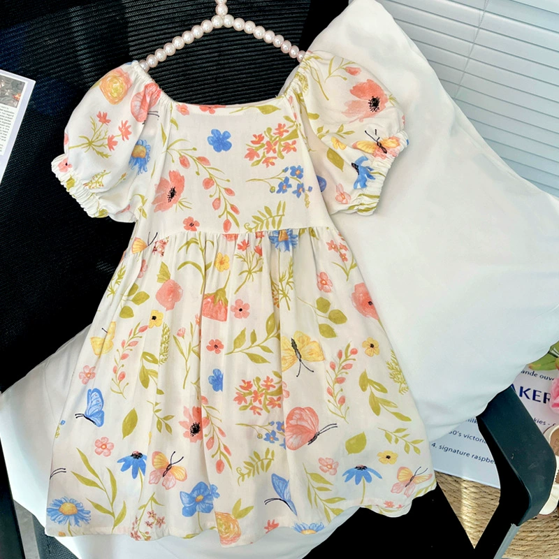 Летнее хлопково-шелковое платье для девочек с коротким рукавом и цветочным принтом, детское платье принцессы с принтом по всей поверхности для внешней торговли