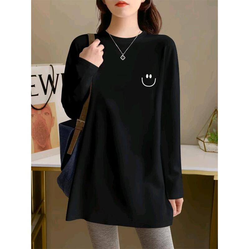Mid-length Cotton Long-sleeved T-shirt Women's Autumn and Winter Sweater with Stacked Undercoat Shirt Shark Pants Matching Top