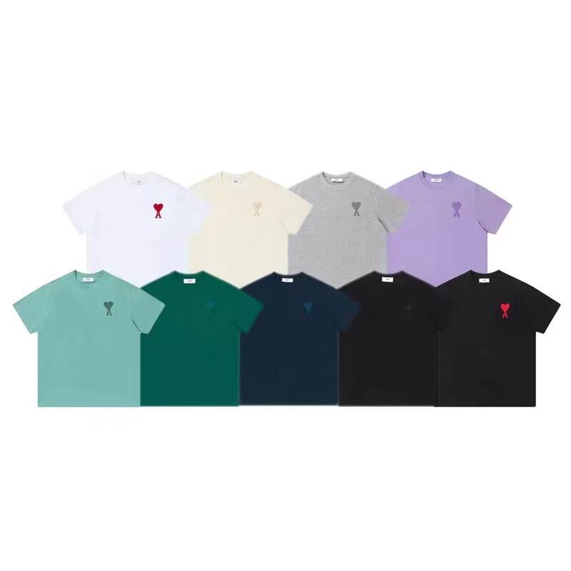 Cross-Border Wholesale Ami Heart Embroidery T-Shirt Pure Cotton Loose Fit Unisex Couple Short-Sleeve Foreign Trade Supply