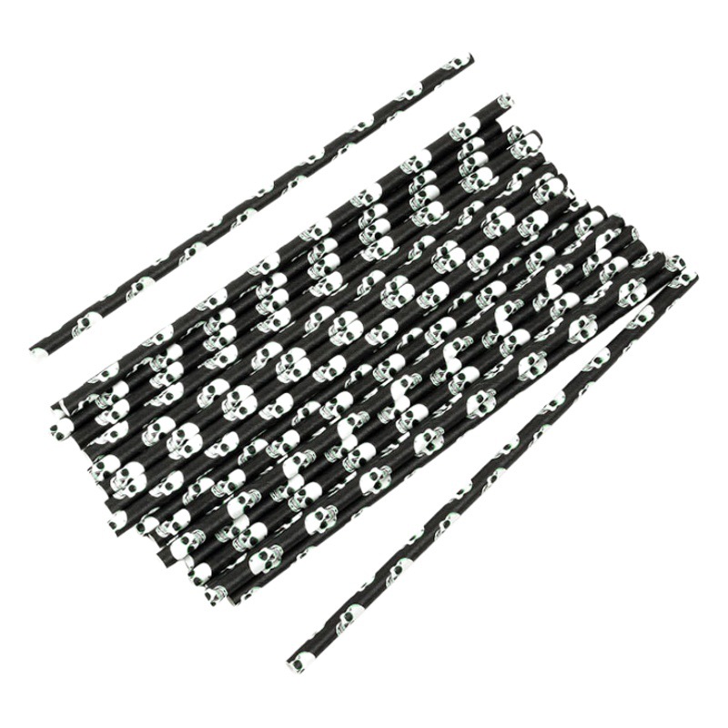 Una gran cantidad de pajitas de papel desechables al por mayor, pajitas de papel de Halloween, pajitas de papel degradables, calavera, calabaza