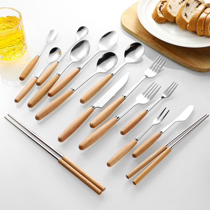 Beech Handle Stainless Steel Knife and Fork Spoon Fruit Fork Chopsticks Japanese Style Stainless Steel Tableware Household Solid Wood Handle Spoon Fork
