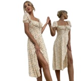 (Трансграничная торговля), летнее платье для отдыха, рукава фонарики, цветочный принт, короткий рукав, V-образный вырез