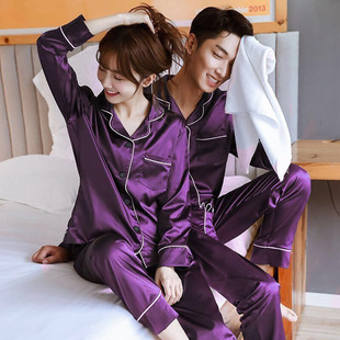 Factory Spring and Autum Couple Pajamas for Women Summer Ice Silk Thin Men's Imitation Silk Long and Short Sleeve Home Clothes Set
