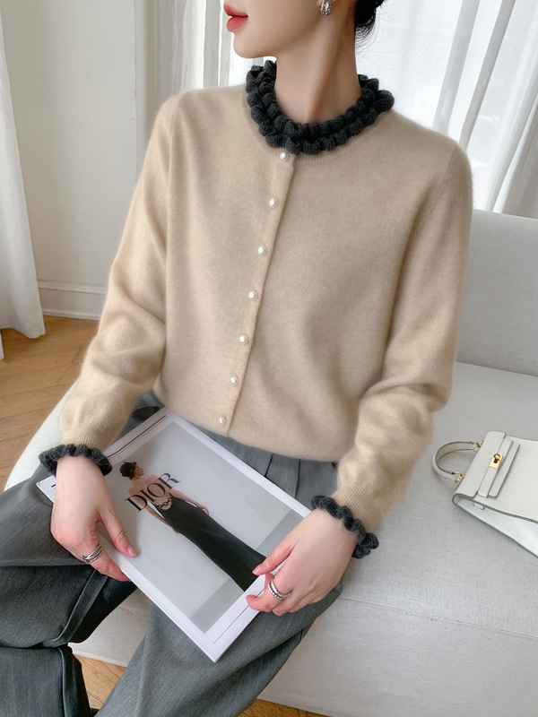 羊绒针织衫木耳花边领珍珠纽扣开衫女外套2025年新款秋冬法式毛衣|undefined