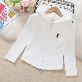 女童长袖上衣2025新款儿童洋气白色上衣修身连帽开衫拉链百搭外套
