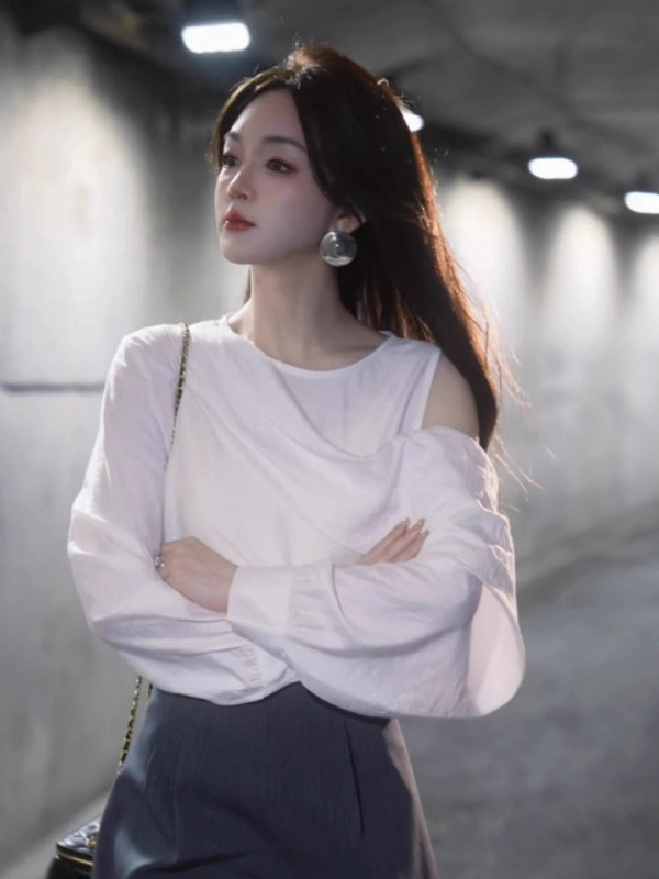 法式小资白色露肩长袖衬衫女早秋2025新款高级感不规则设计感上衣|undefined
