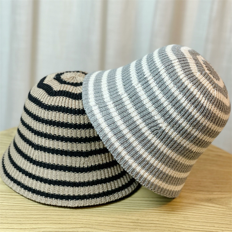 New Hat for Women's Casual Shopping Striped Fisherman Hat, Korean Version, Fashionable and Versatile Knitted Round Top Basin Hat, Foldable and Trendy_voghion.com