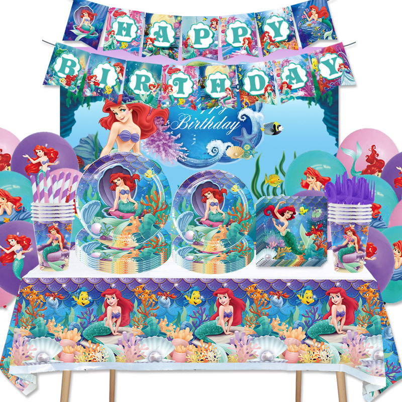 in stock Ariel Mermaid Tableware Children's Party Birth Day Supplies Paper Cup Paper Plate Paper Towel Tablecloth Decorative Supplies
