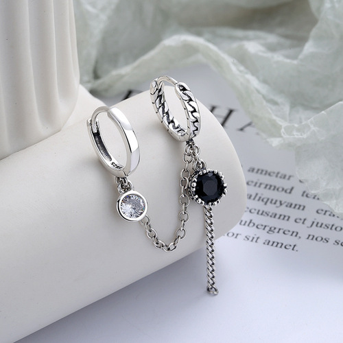 Yunchaoxuan S925 sterling silver Internet celebrity trendy and cool personality double ear buckle black zircon tassel niche design earrings