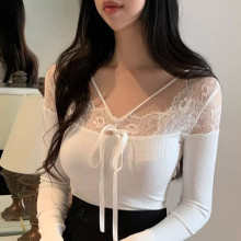 韩国东大门秋夏款时尚休闲纯欲性感女人味蕾丝拼接修身针织衫上衣
