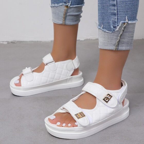 Foreign Trade Large Size Thick-soled Velcro Sandals for Women Cross-border Small Fragrant Style Platform Bottom Metal Buckle One-line Beach Sandals