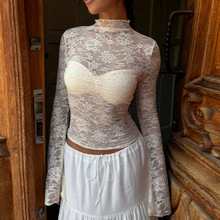 JY25397欧美风性感蕾丝长袖上衣2025秋季新款轻薄透视纯欲辣妹T恤