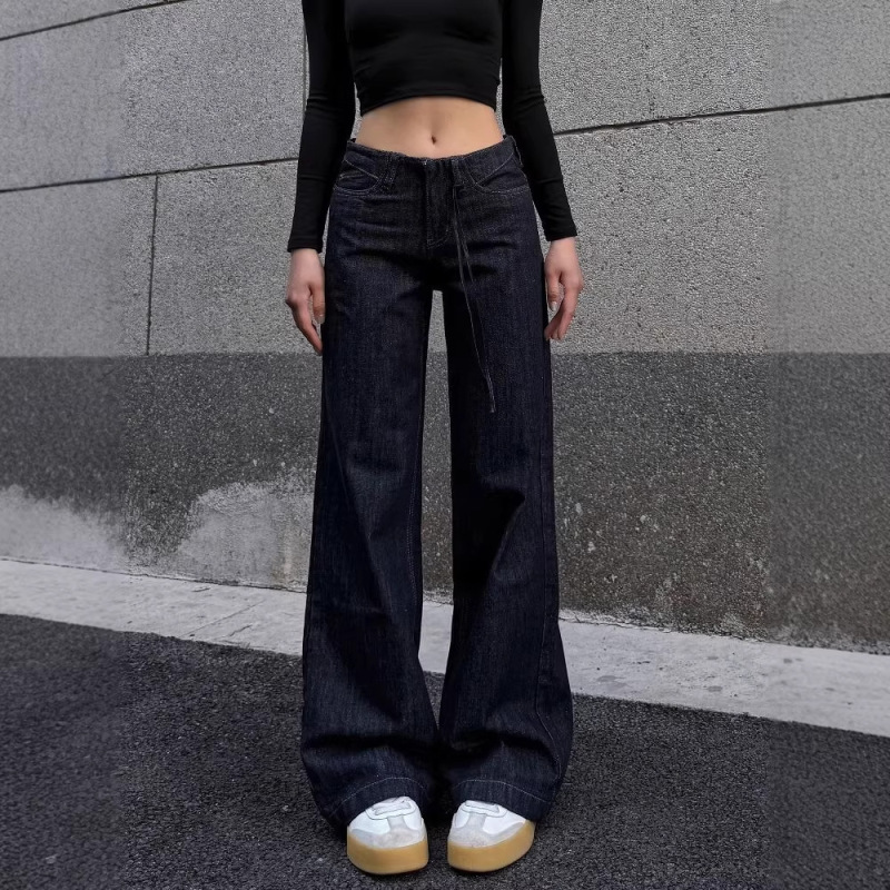 American Retro Style, Waistless Design, Dark Blue Washed Jeans for Women, Summer Hot Girl Style, Loose Floor-Length Pants