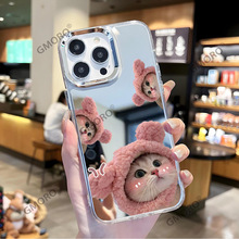 北欧站热销可爱猫咪萌宠适用苹果17promax镜面iPhone16全包可补妆