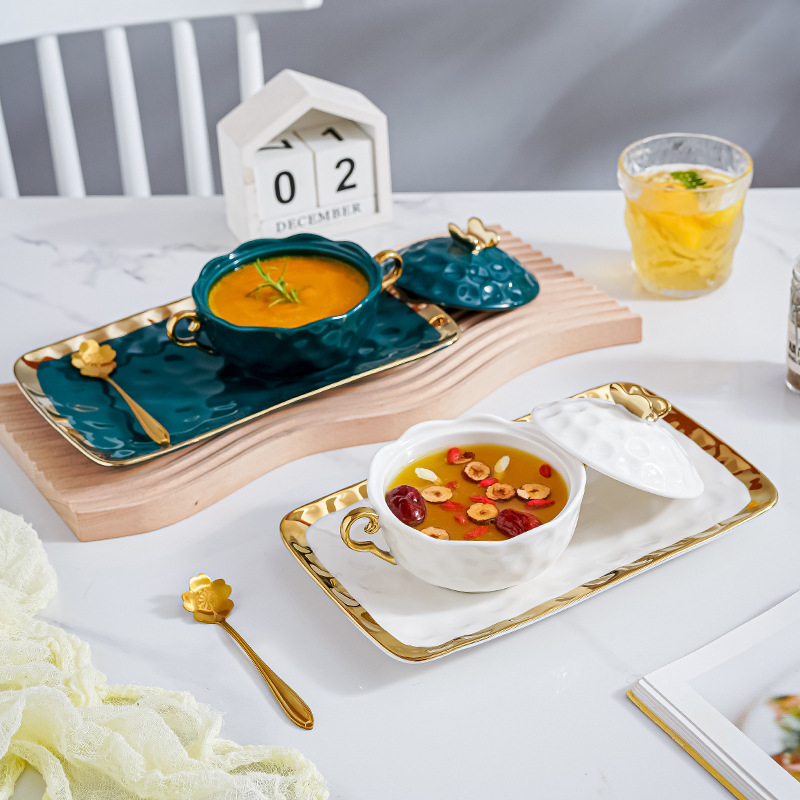 Cuenco de postre de agua de azúcar de cerámica set hogar Nido de Pájaro estofado tazón de sopa Internet celebridad una persona comida doble oreja tazón con tapa tazón de desayuno