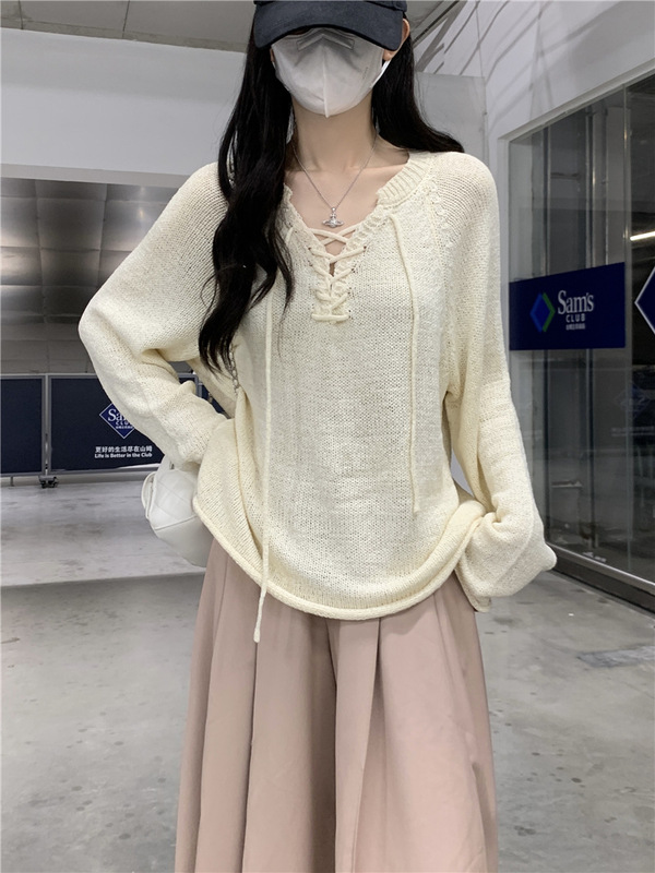 实拍 2025美式复古撞色条纹系带针织衫秋宽松显瘦慵懒套头上衣女|undefined