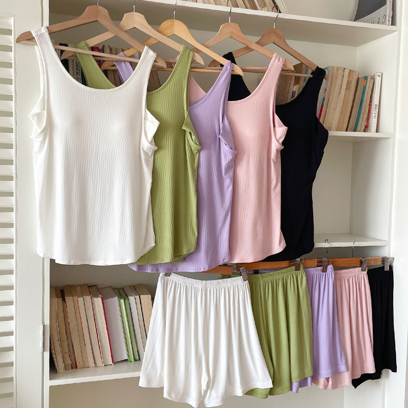 Modal Vest Shorts Pajamas - Chest Padded, Two-piece Set, Solid Color, Anti-light Women’s Loungewear_voghion.com