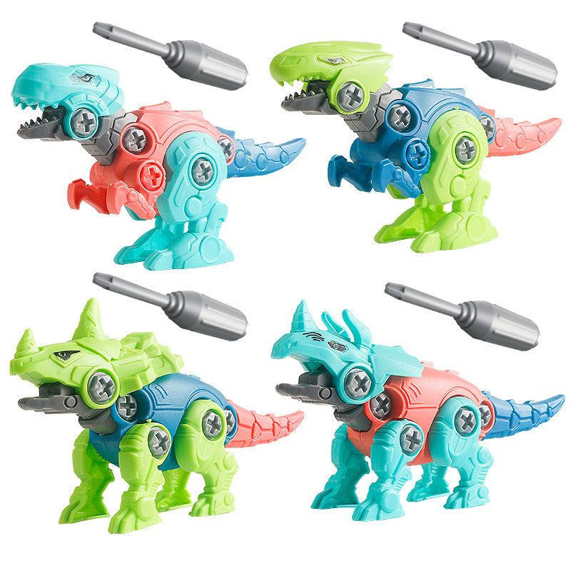 Desmontar y montar juguetes de huevos de dinosaurio a través de la frontera, niños torciendo huevos, niños simulando tiranosaurio rex tornillo juguetes regalos de jardín de infantes