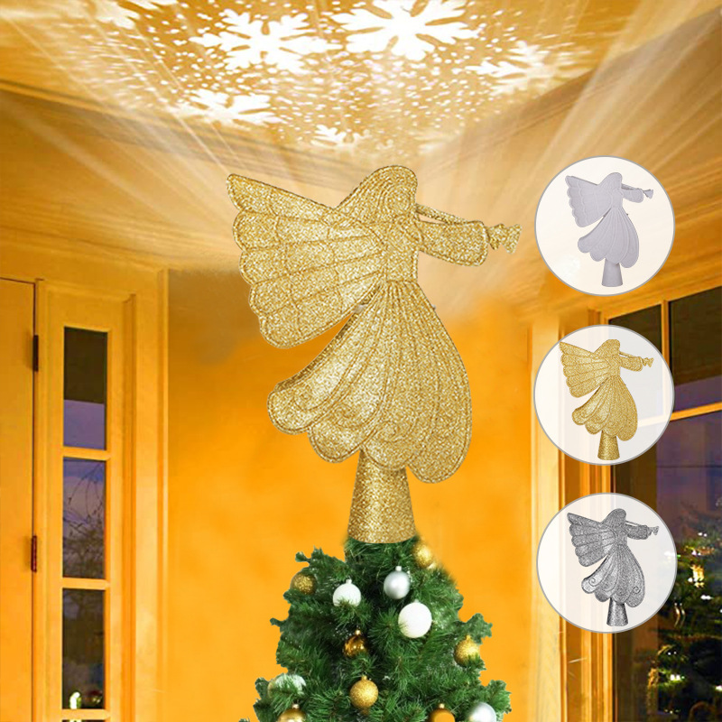 新款跨境天使造型雪花树顶灯树顶星 圣诞树动态雪花图案LED投影灯