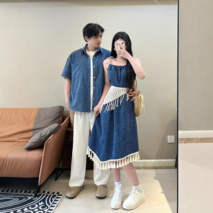 Special Couple's Clothing Summer New French Travel Denim Suspender Skirt Pastoral Lace Style Dress Men's Shirt